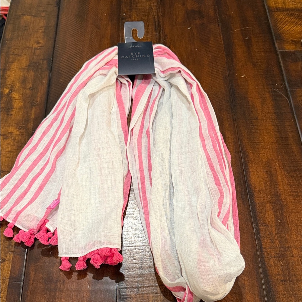Joules Pink and White Striped Lightweight Scarf with Tassels